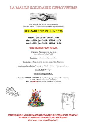 La malle solidaire génovéfine – Permanences JUIN 2026.