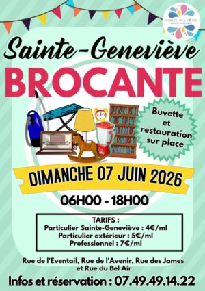 Brocante le dimanche 7 juin 2026 organisée par le Comité des Fêtes de Sainte-Geneviève.