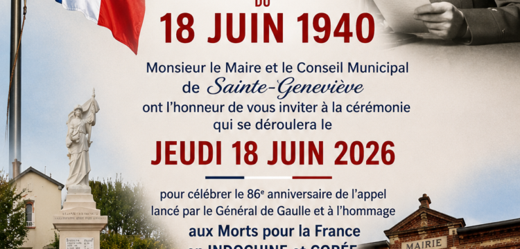 Jeudi 18 juin 2026 – Cérémonie du 86e anniversaire de l&rsquo;appel du Général de Gaulle à 18h30 place de la Mairie.