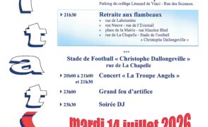 Fête Nationale 2026 – Comité des Fêtes le lundi 13 juillet et cérémonie le mardi 14 juillet à 11h30 place de la Mairie.