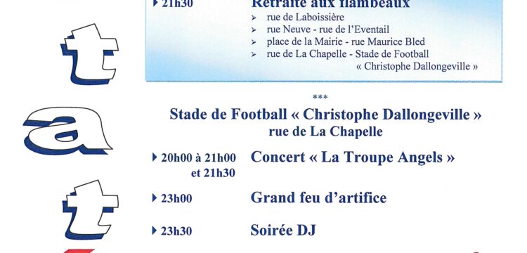 Fête Nationale 2026 – Comité des Fêtes le lundi 13 juillet et cérémonie le mardi 14 juillet à 11h30 place de la Mairie.