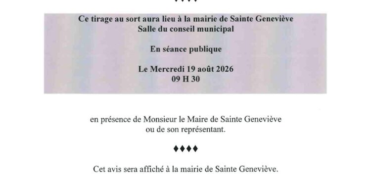 Avis – Tirage au sort – liste du jury d&rsquo;assises – mercredi 19 août 2026 à 9h30 en Mairie.