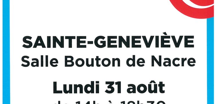 Don de sang – Lundi 31 août 2026 de 14h00 à 18h30 – Salle Bouton de Nacre.