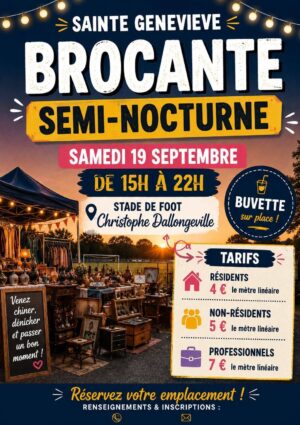 Samedi 19 septembre 2026 – Brocante semi-nocturne de 15h00 à 22h00 – Stade Christophe Dallongeville.