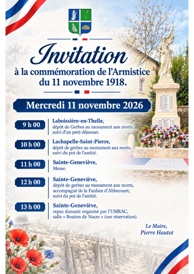 Mercredi 11 novembre 2026 – Commémoration de l’armistice du 11 novembre 1918 – 11h00 messe – 12h00 dépôt de gerbes – 13h00 repas dansant organisé par l’UMRAC (sur réservation)